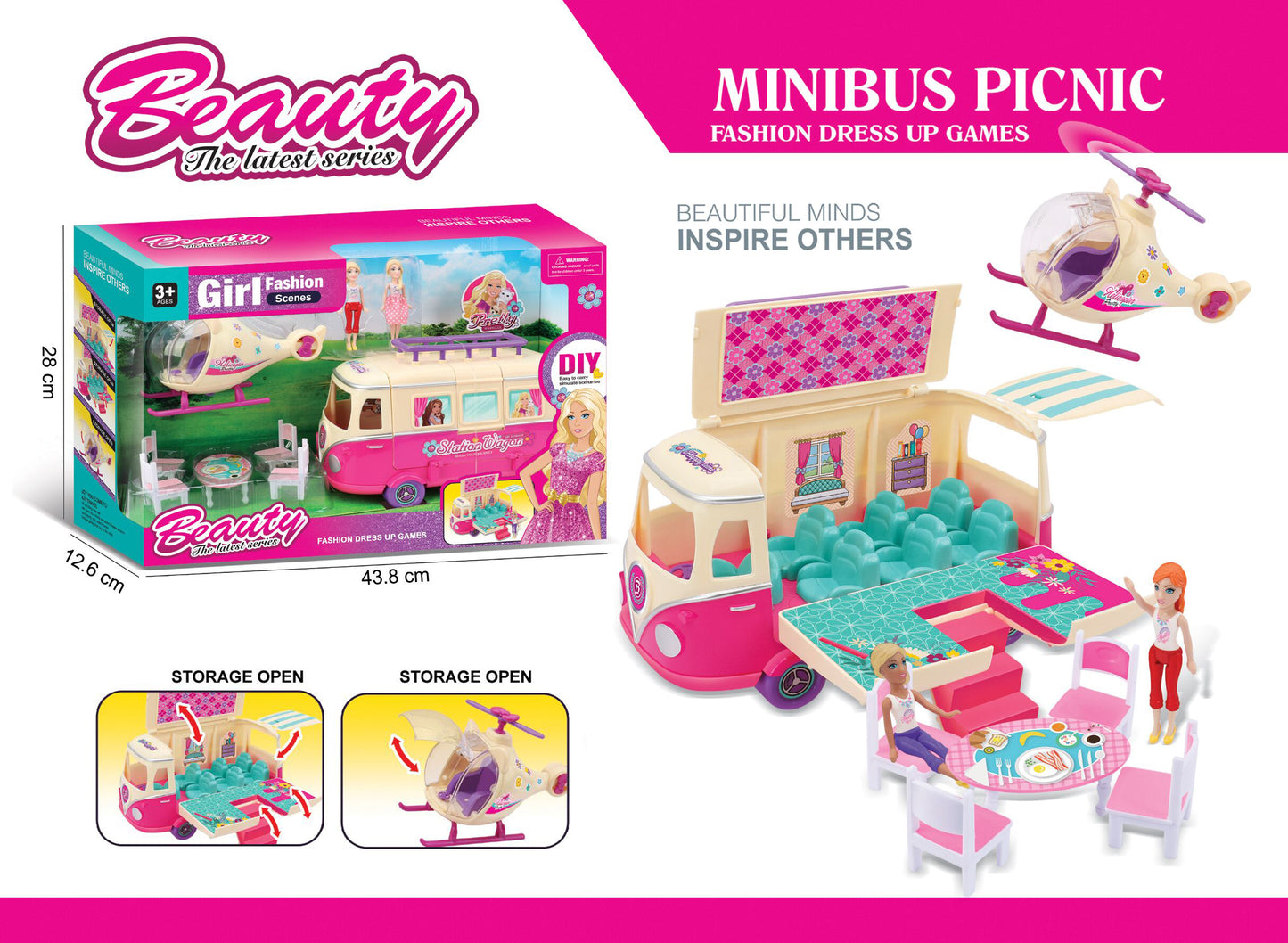 DIY picnic minibus and helicopter play set with dolls for 3+ girls